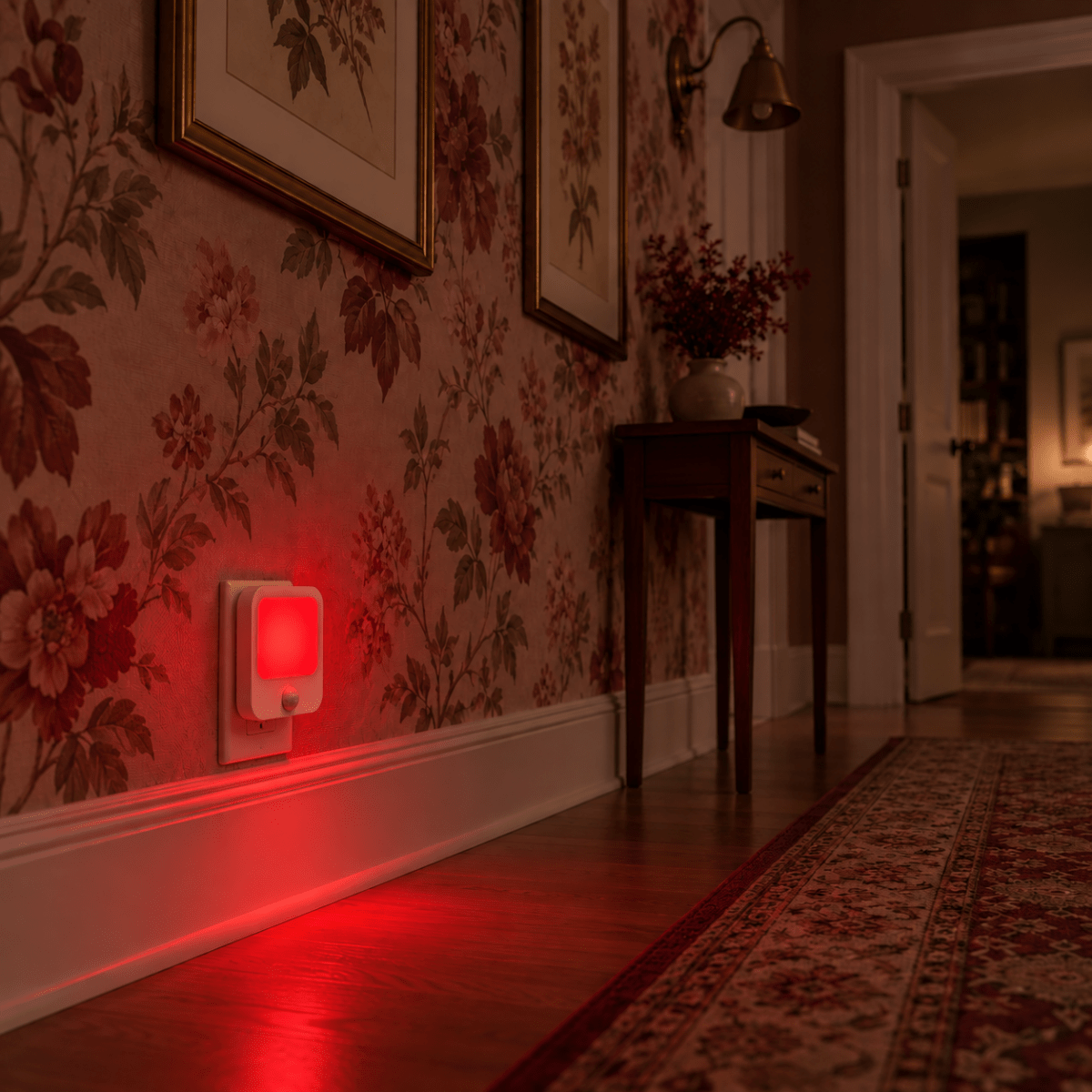 DreamWalkerz red nightlight glowing in a hallway with floral wallpaper