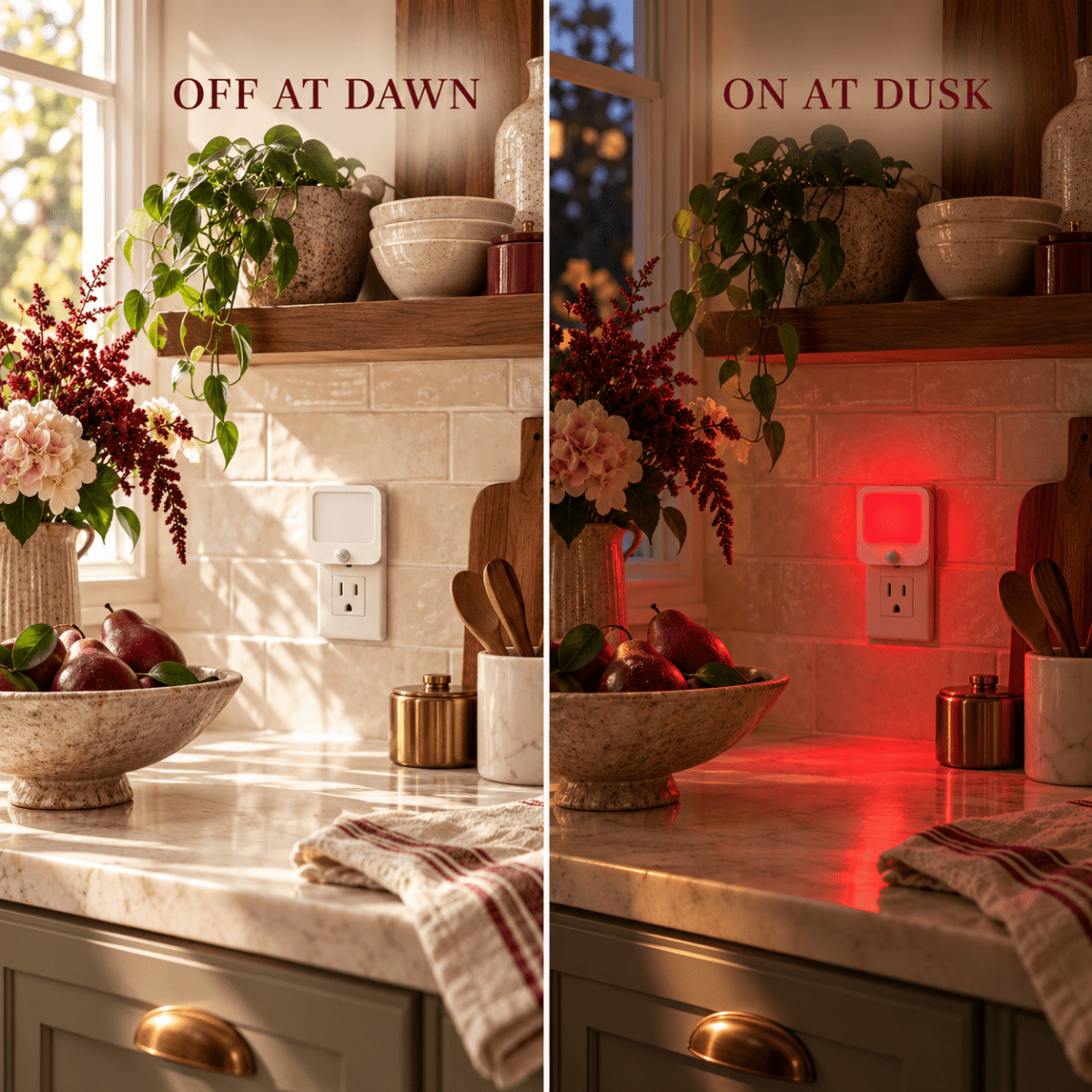 DreamWalkerz red nightlight in a kitchen, off at dawn and on at dusk