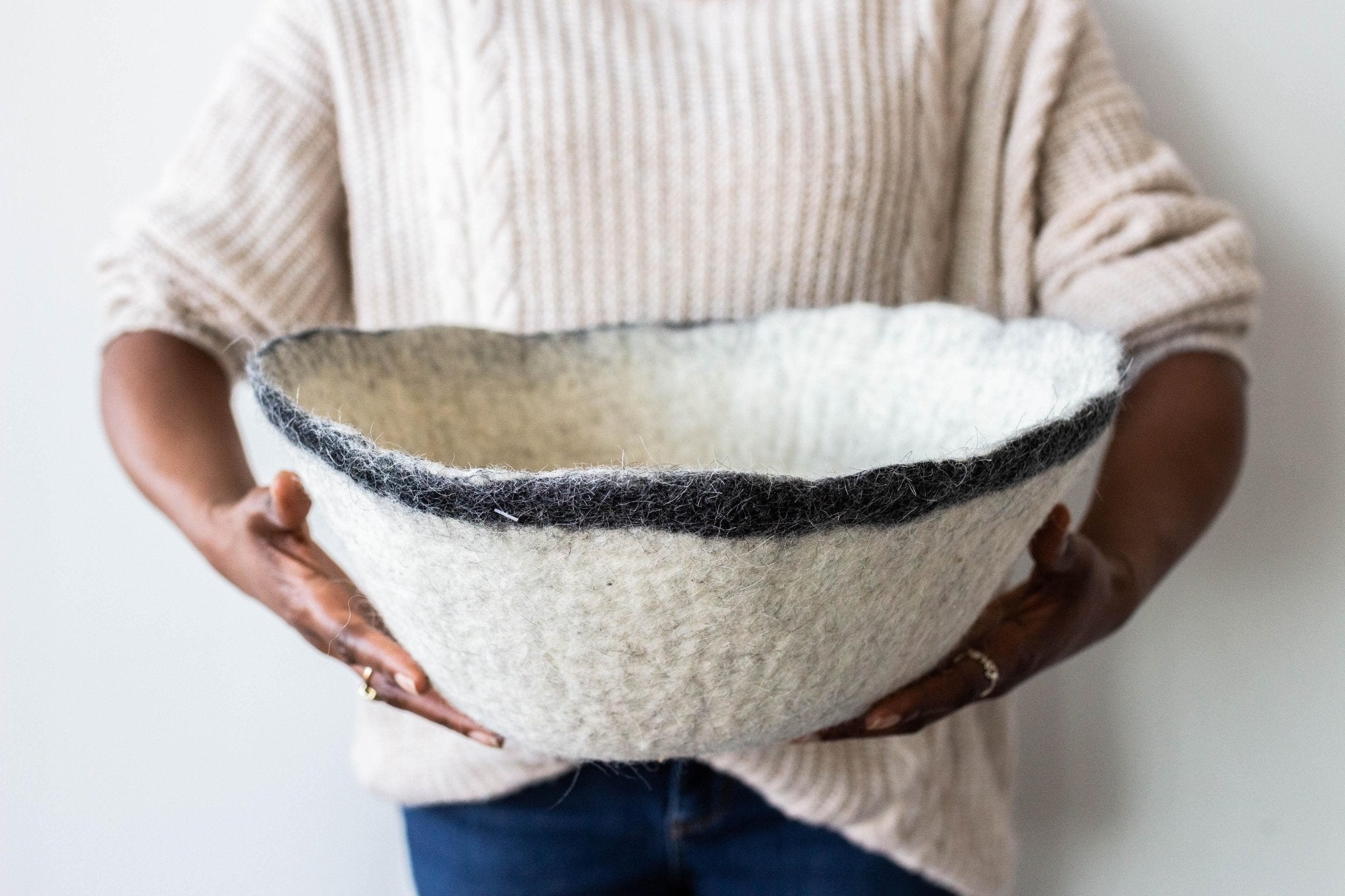 Orbit Hand - Felted Wool Natural White and Black Bowl Kanju Interiors