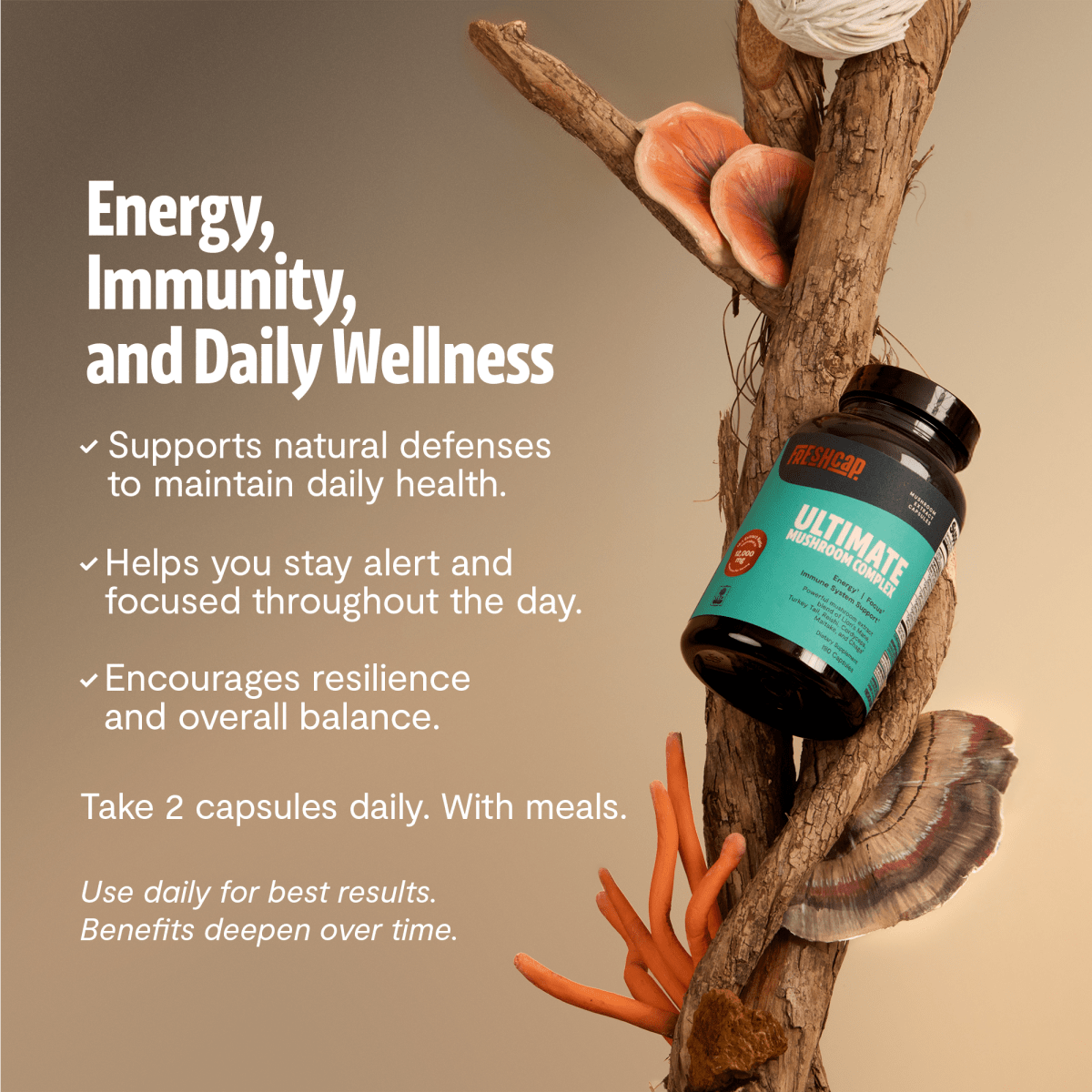 FreshCap Mushrooms Mushroom Complex Capsules on a tree branch: energy, immunity and daily wellness