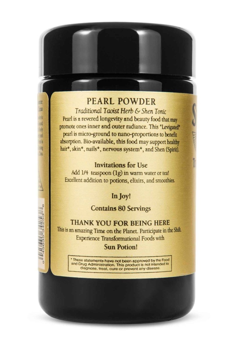 Back of the Sun Potion Pearl Powder jar with its description and 80 servings