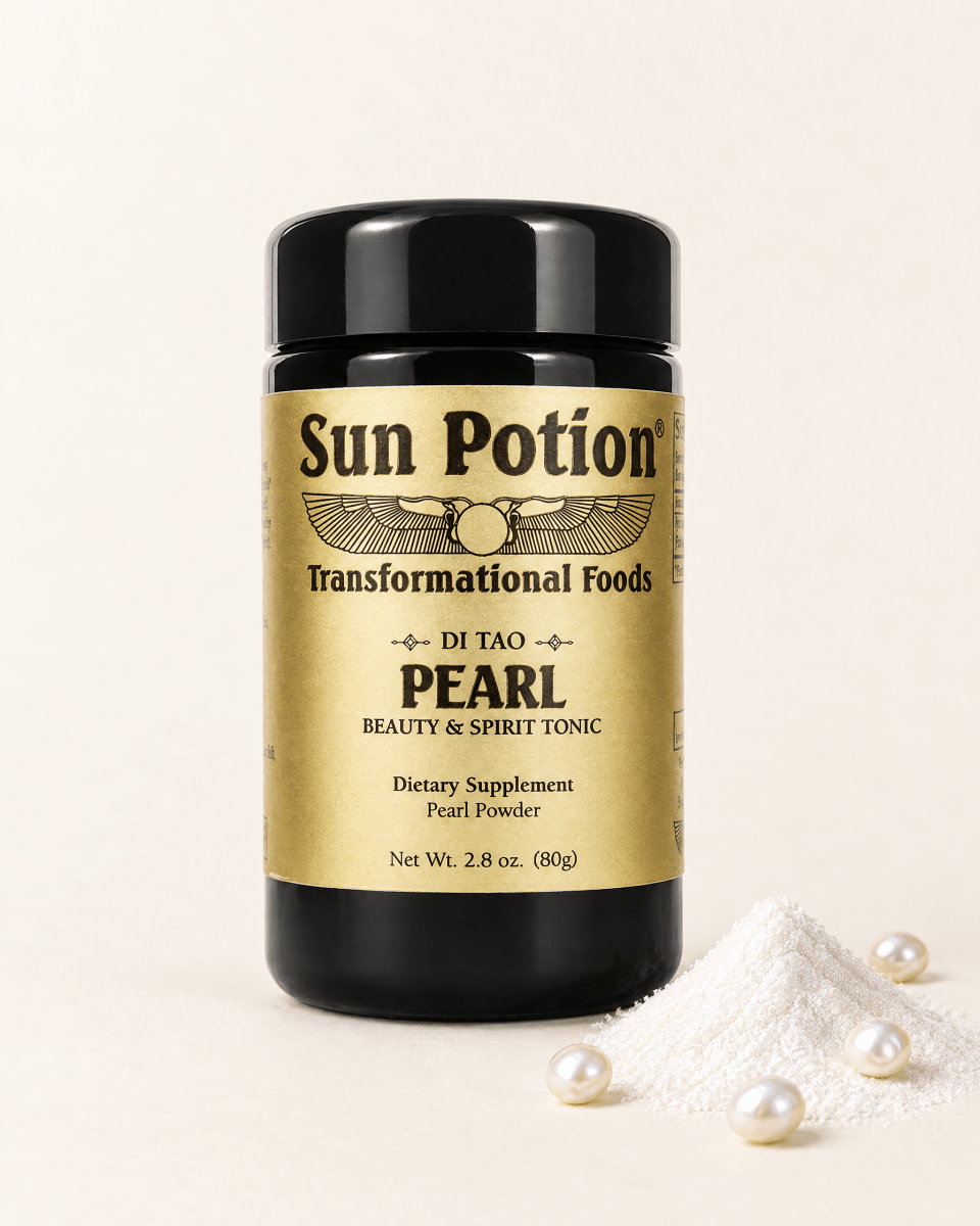 Sun Potion Di Tao Pearl beauty and spirit tonic jar beside pearl powder and pearls