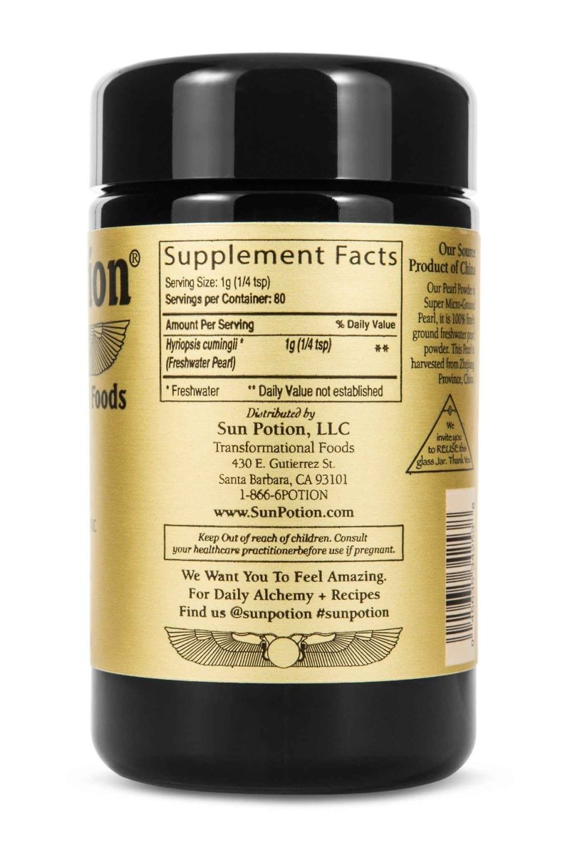 Back of the Sun Potion Pearl Powder jar with supplement facts and distributor information