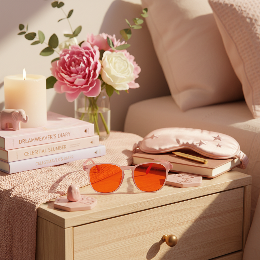 DreamWalkerz Prettier in Pink orange-lens glasses on a nightstand beside books and a sleep mask