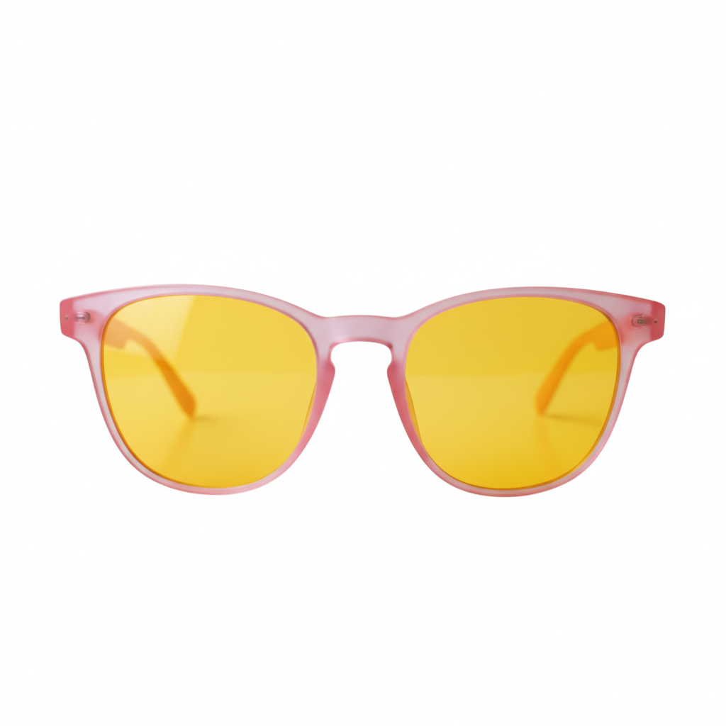 DreamWalkerz Prettier in Pink glasses with pink frames and yellow lenses, front view