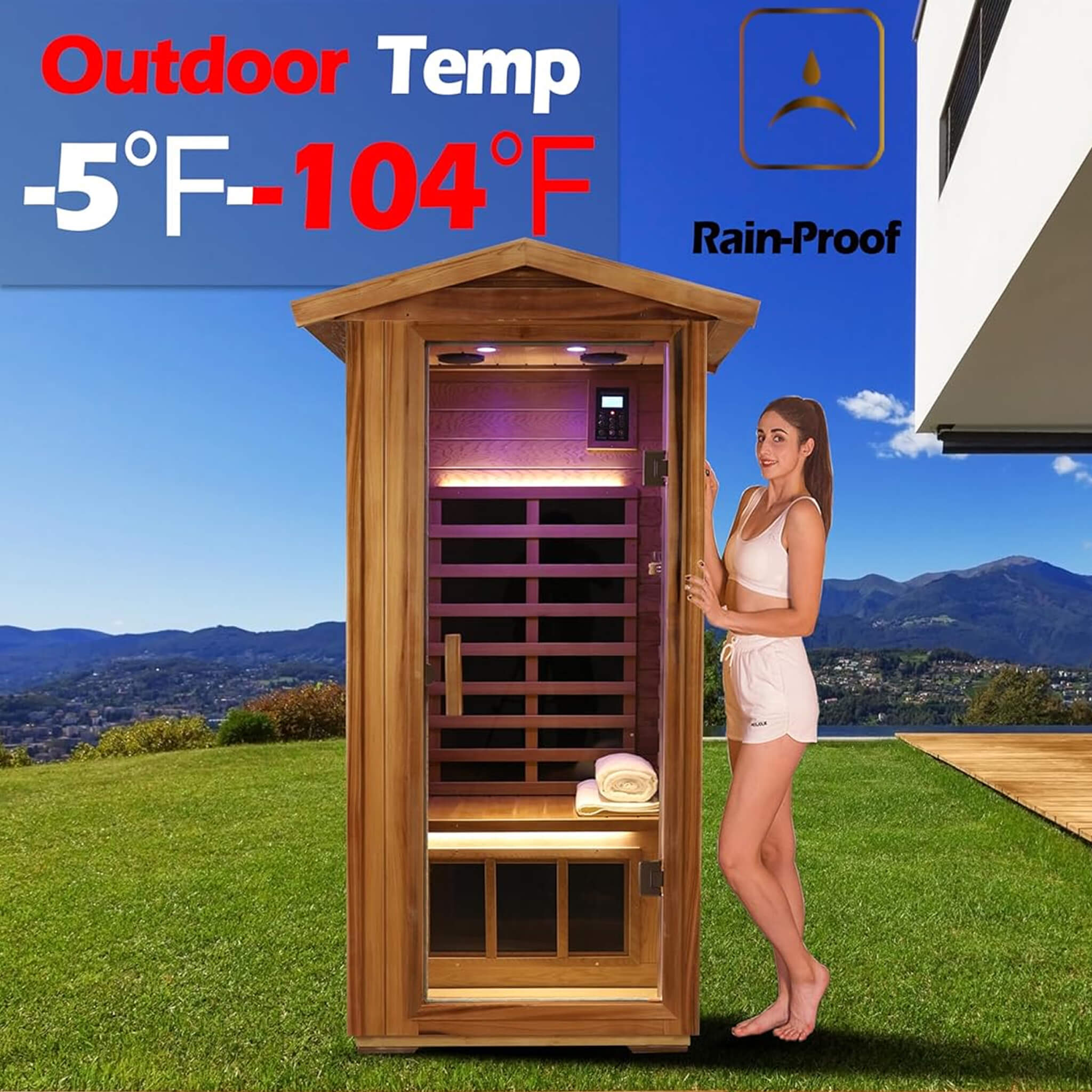 Premium 1 - Person Outdoor Red Cedar Infrared Sauna With Low EMF, Chromotherapy And Bluetooth (SAK32783) SAKSBY WHOLESALE
