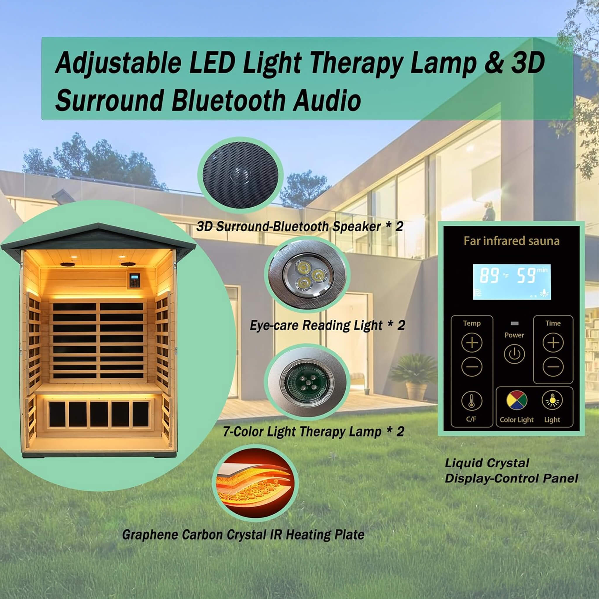 Premium 2 Person Black Carbonized Walnut Low EMF Far Infrared Outdoor Sauna W/ Bluetooth & LED Lighting SAKSBY WHOLESALE