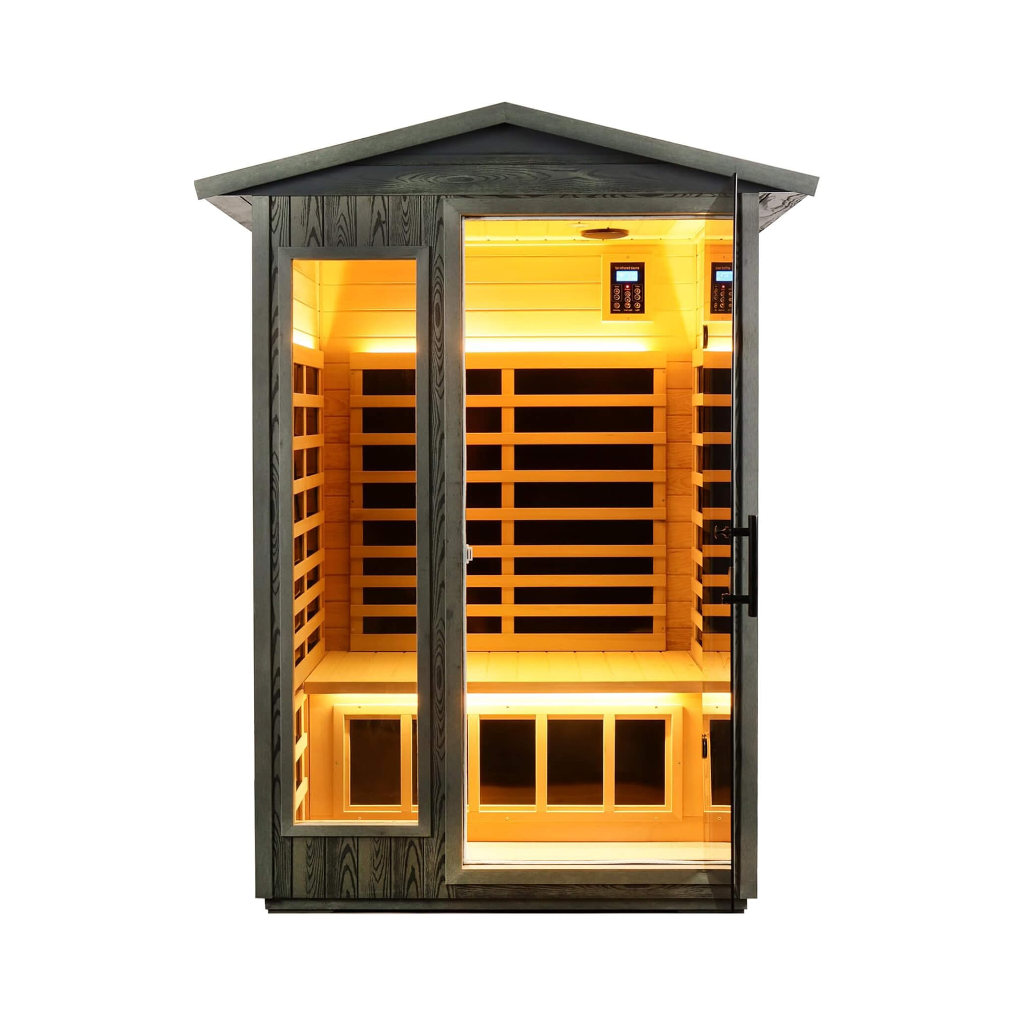 Premium 2 Person Black Carbonized Walnut Low EMF Far Infrared Outdoor Sauna W/ Bluetooth & LED Lighting SAKSBY WHOLESALE