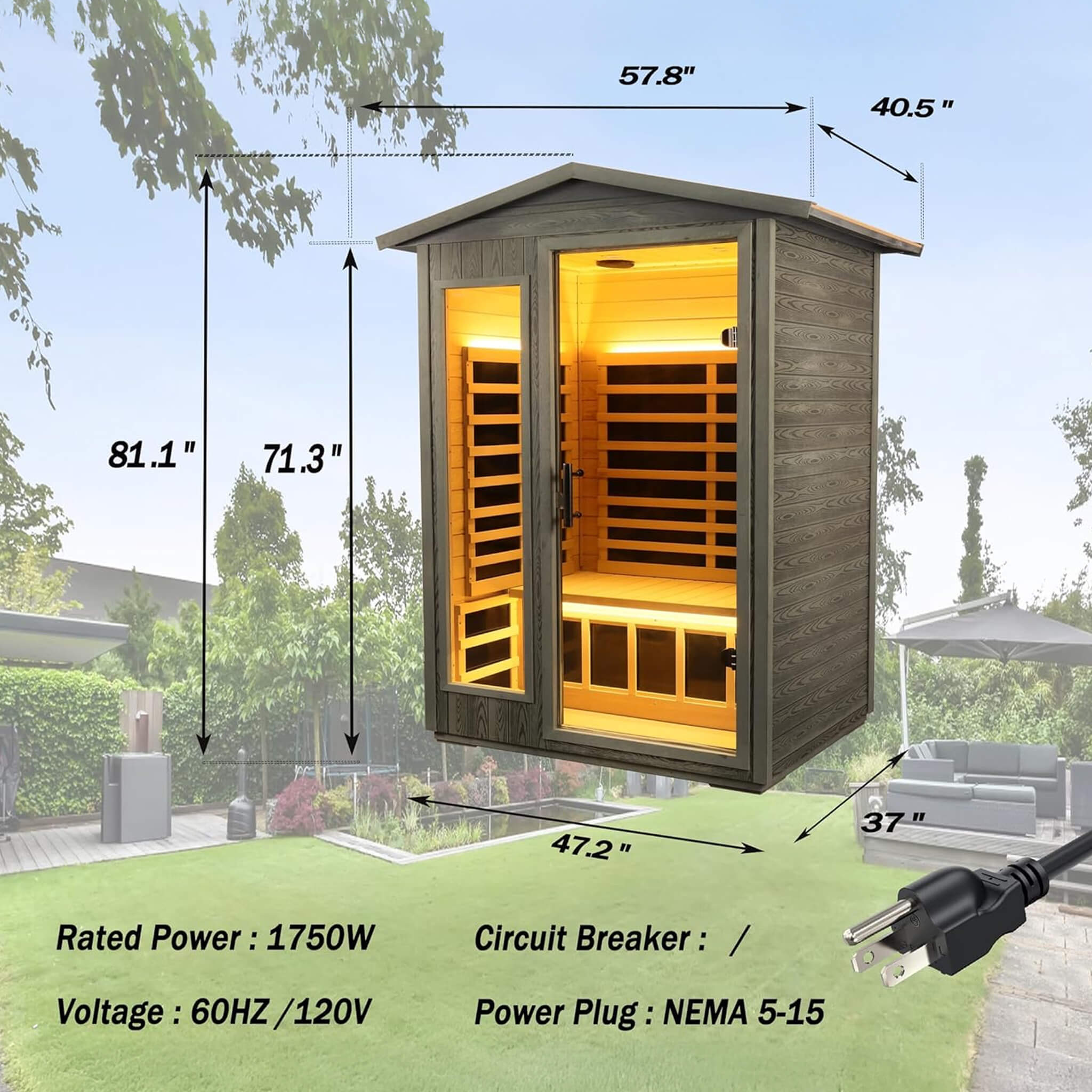 Premium 2 Person Black Carbonized Walnut Low EMF Far Infrared Outdoor Sauna W/ Bluetooth & LED Lighting SAKSBY WHOLESALE
