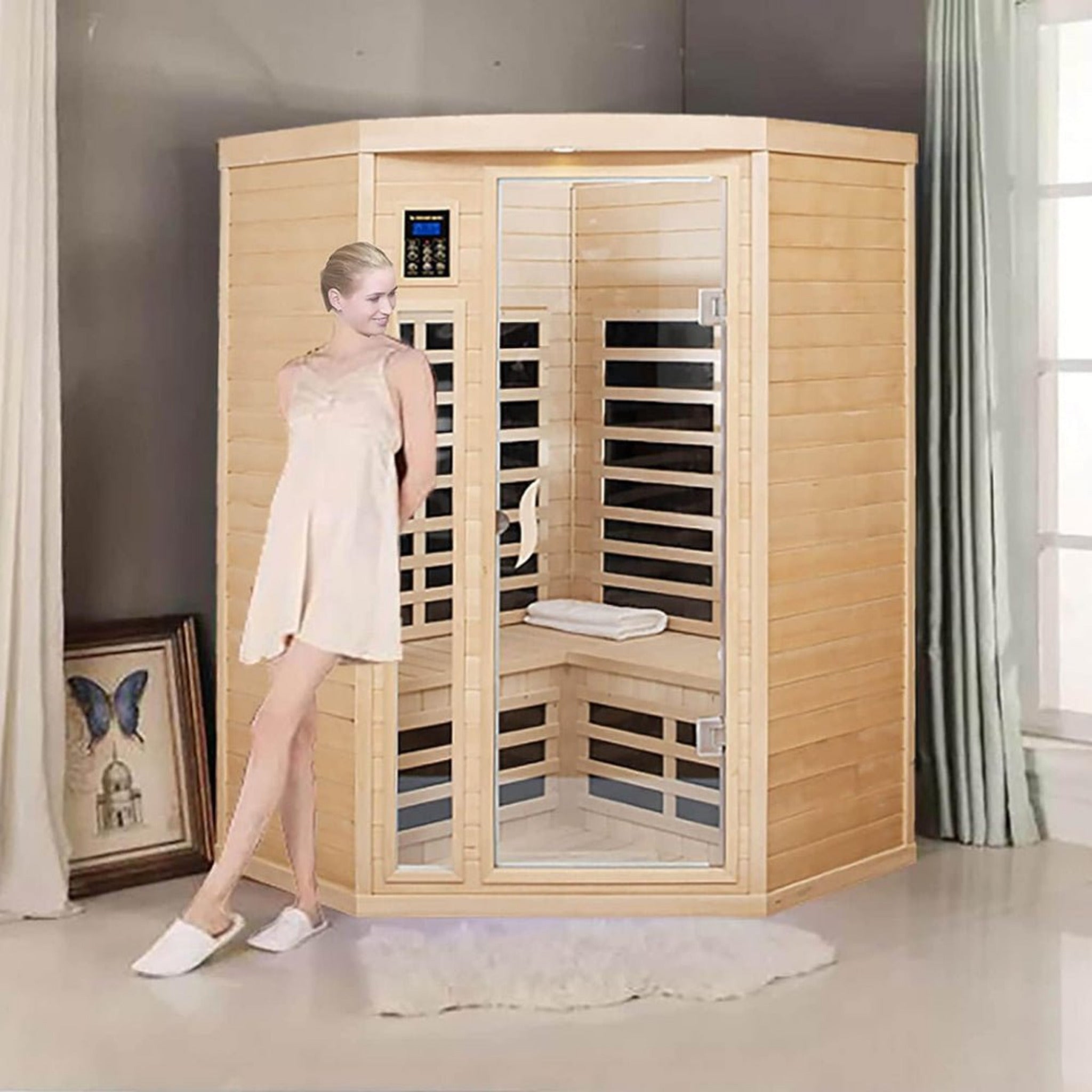 Premium 2 - Person Corner Space Infrared Wooden Sauna Room With Bluetooth Speakers, 1600W (SAK81524) SAKSBY WHOLESALE