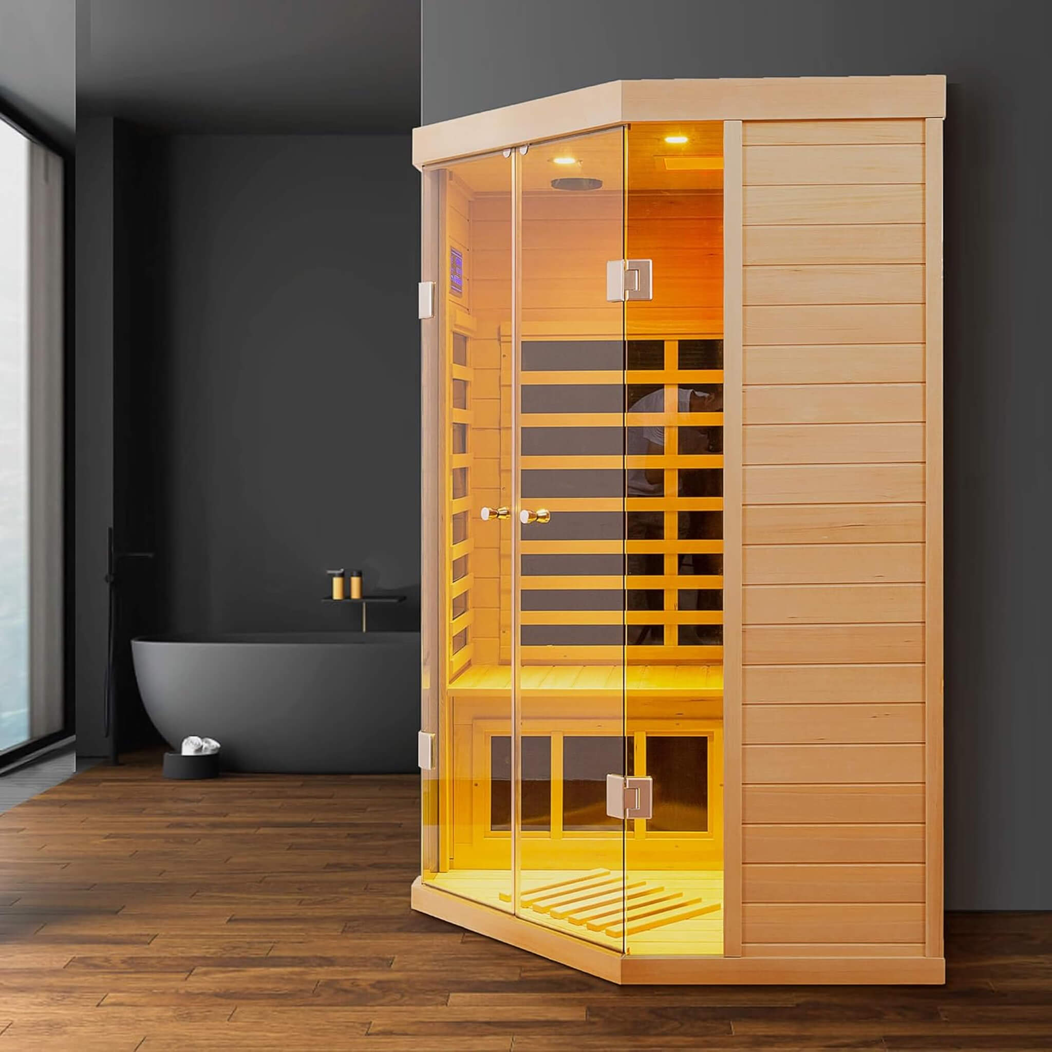 Premium 2 - Person Corner Space Infrared Wooden Sauna Room With Bluetooth Speakers, 1600W (SAK81524) SAKSBY WHOLESALE