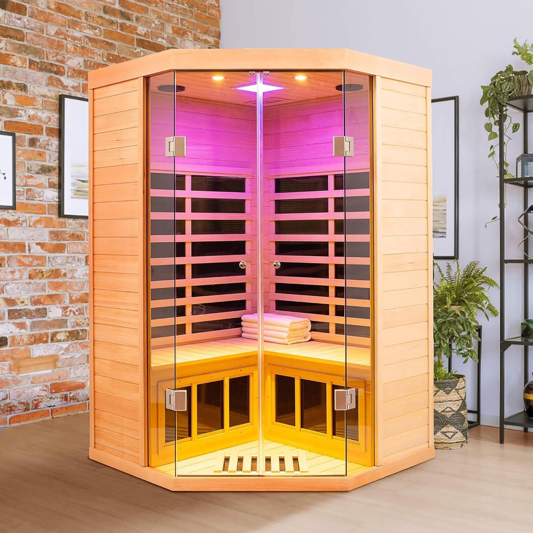Premium 2 - Person Corner Space Infrared Wooden Sauna Room With Bluetooth Speakers, 1600W (SAK81524) SAKSBY WHOLESALE
