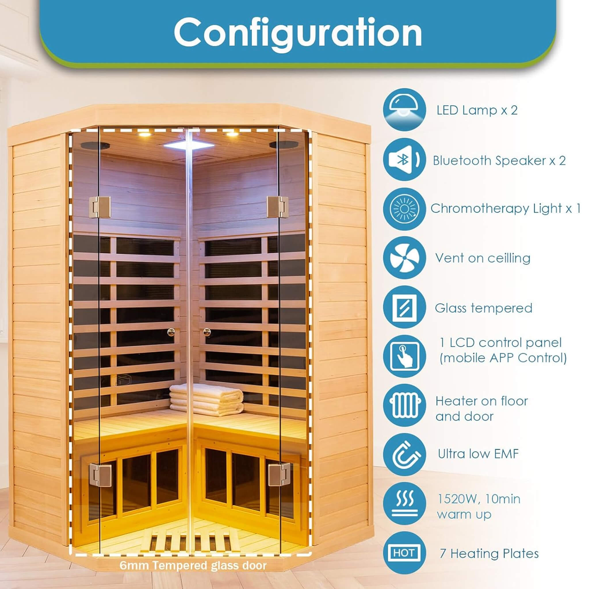 Premium 2 - Person Corner Space Infrared Wooden Sauna Room With Bluetooth Speakers, 1600W (SAK81524) SAKSBY WHOLESALE