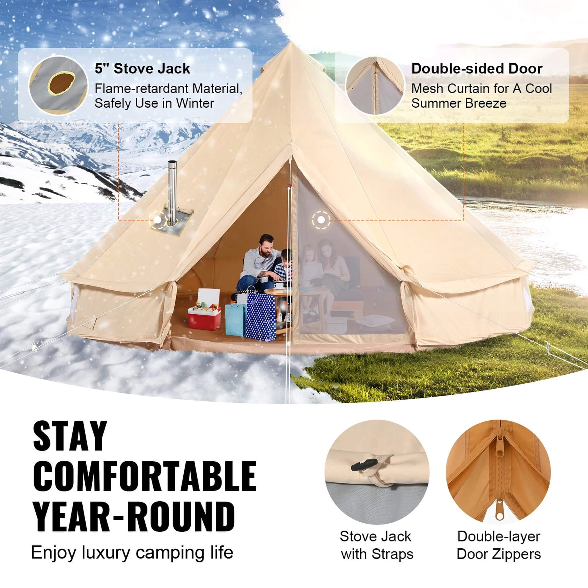 Premium 4 - Season Camping Canvas Bell Yurt Tent With Stove Jack (SAK47589) SAKSBY WHOLESALE