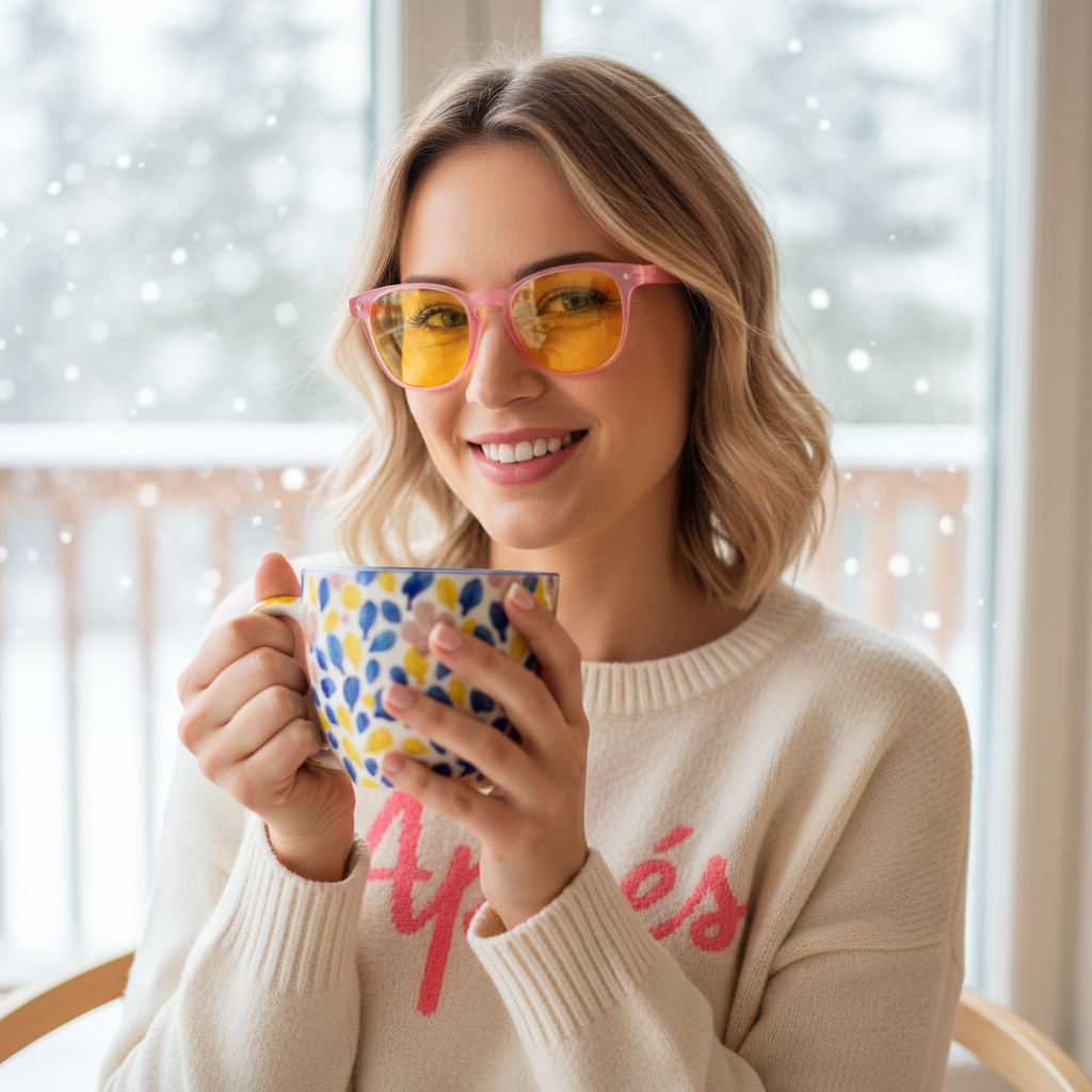 Smiling woman holding a mug wearing DreamWalkerz Prettier in Pink glasses with yellow lenses