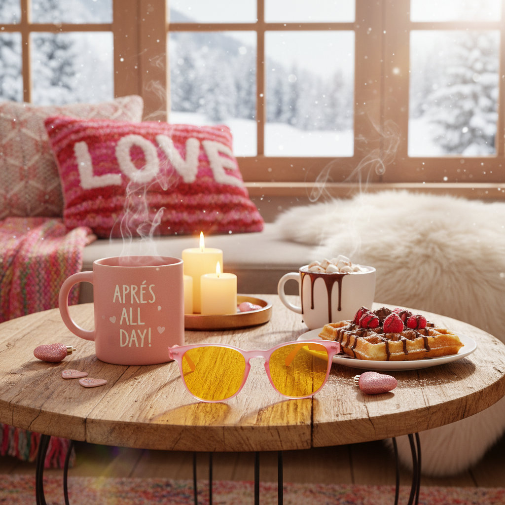 DreamWalkerz Prettier in Pink glasses on a table with hot cocoa, waffles and an Apres All Day mug