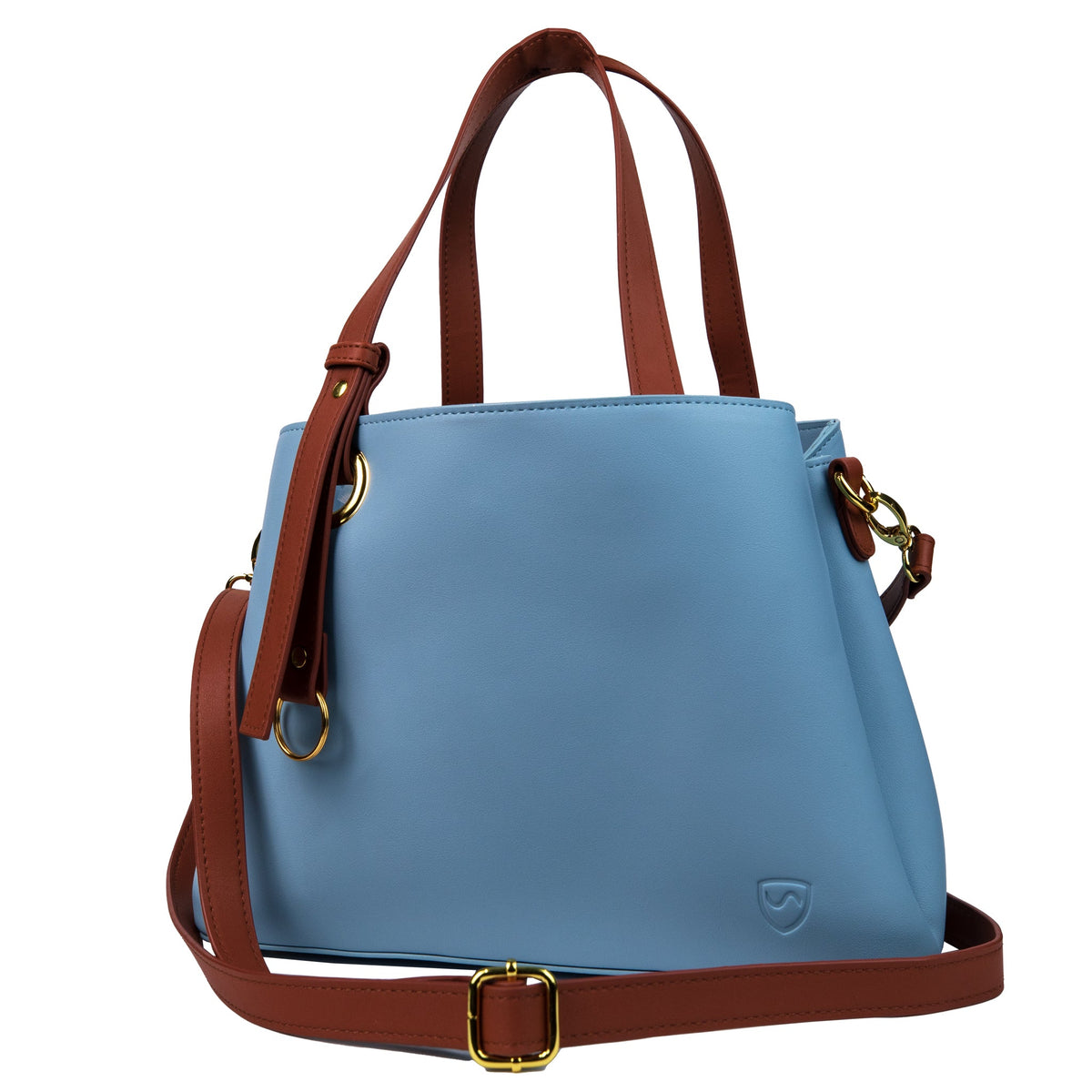 Shield Your Body Purse in blue vegan leather with brown handles and a crossbody strap