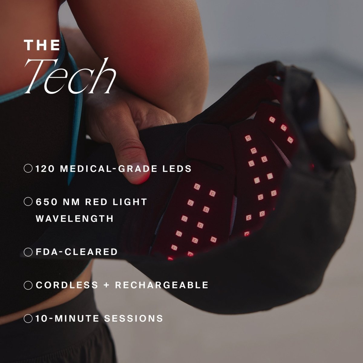 Inside of the HigherDOSE Red Light Hat showing rows of red LEDs: 120 LEDs, 650 nm red light, FDA cleared, cordless