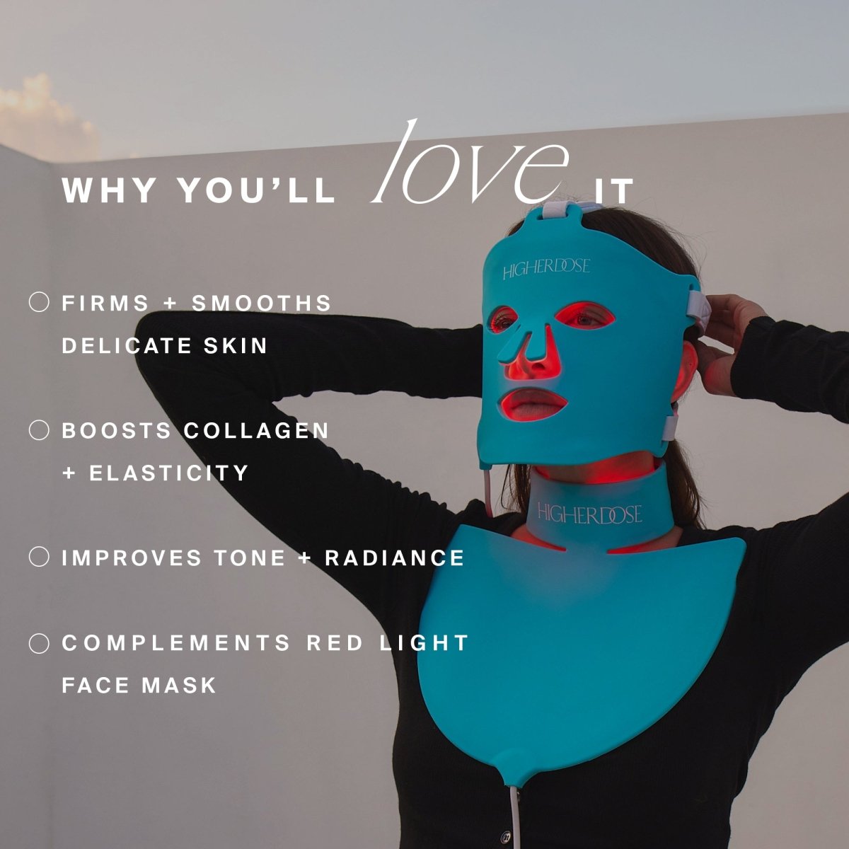 Woman wearing the HigherDOSE Red Light Face Mask and Neck Enhancer: firms and smooths skin, boosts collagen and elasticity
