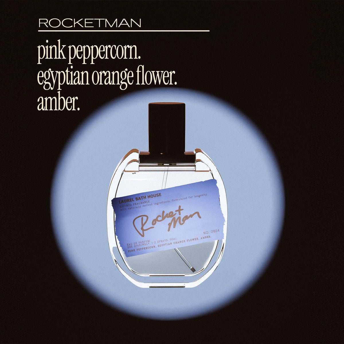 Laurel Bath House Rocket Man notes graphic: pink peppercorn, Egyptian orange flower and amber around the perfume bottle