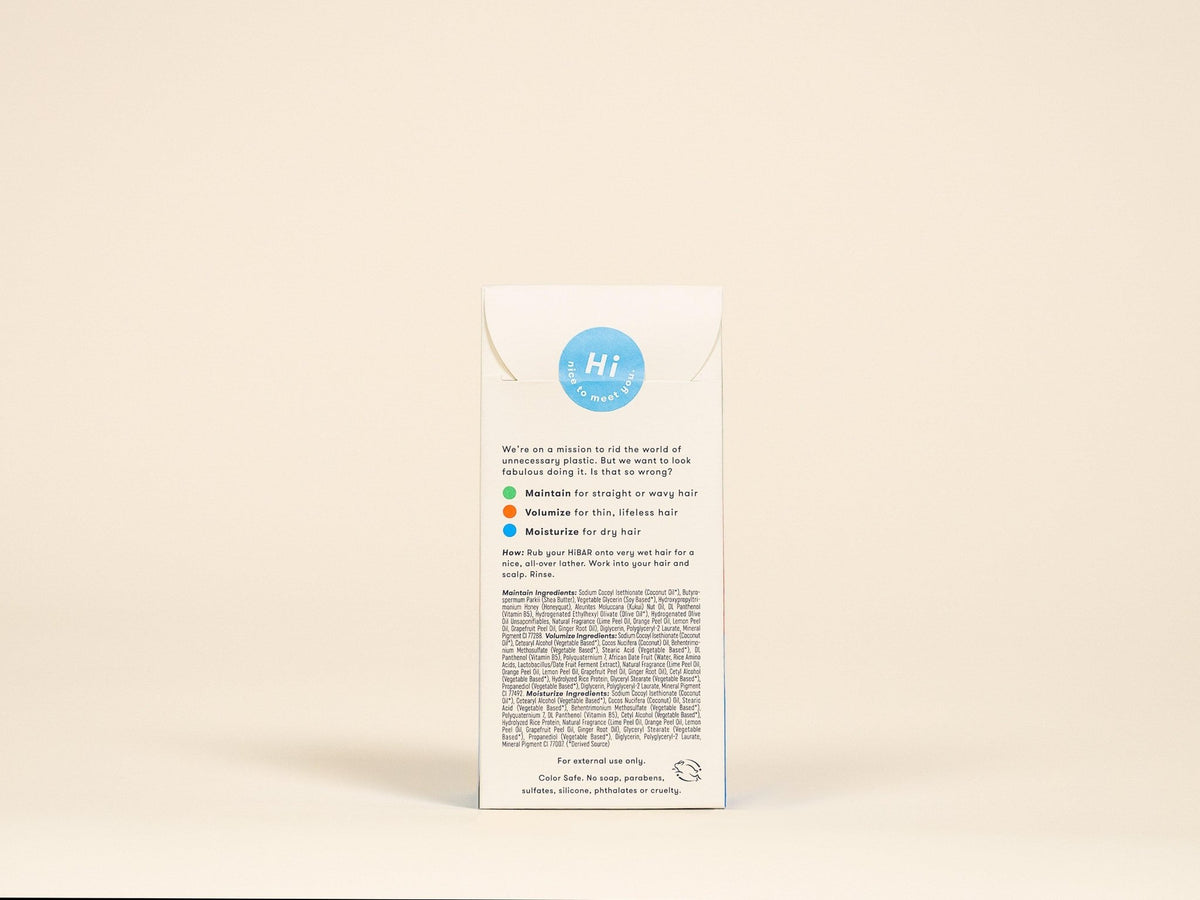 Back of the HiBAR Shampoo & Conditioner Sampler Set box with ingredients and directions (view 2)