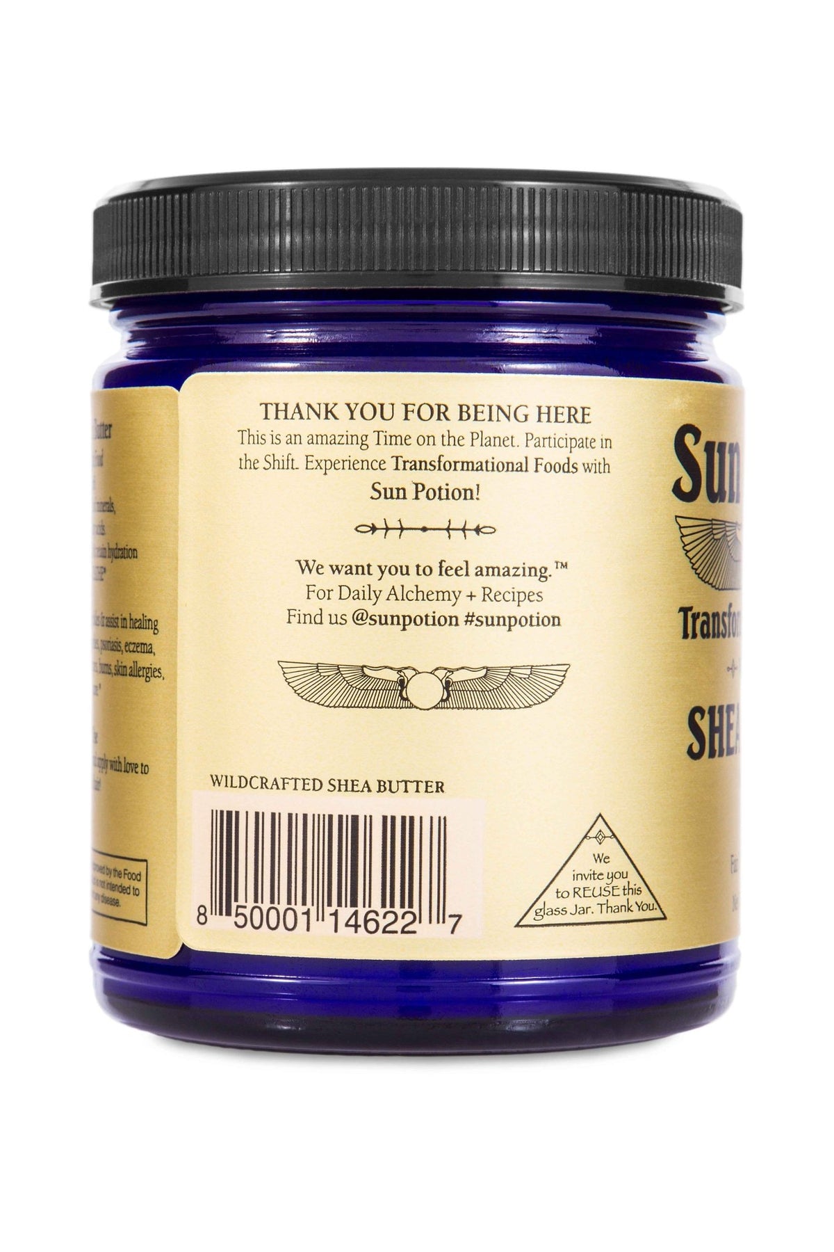 Back of the Sun Potion Shea Butter jar with the thank-you note and barcode