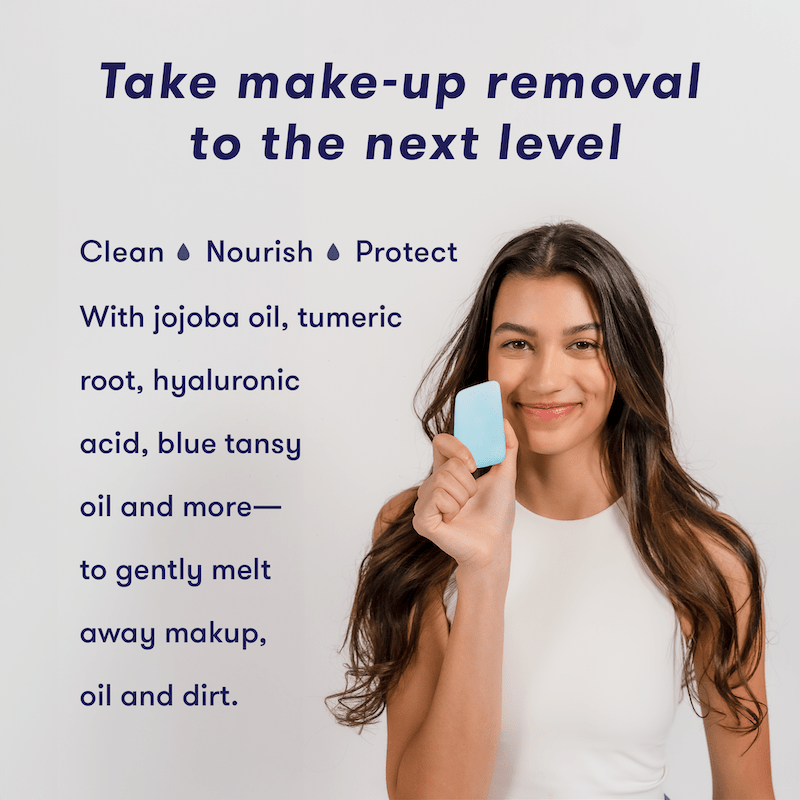 Take make-up removal to the next level: woman holding HiBAR Solid Oil Cleanser with jojoba oil and hyaluronic acid