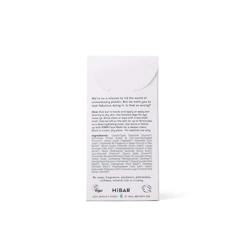 Back of the HiBAR Solid Oil Cleanser box with ingredients and directions