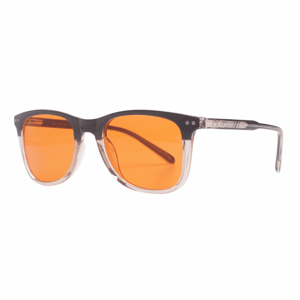 DreamWalkerz St. Croix Topaz sleep glasses with brown-to-clear gradient frames and orange lenses, front view