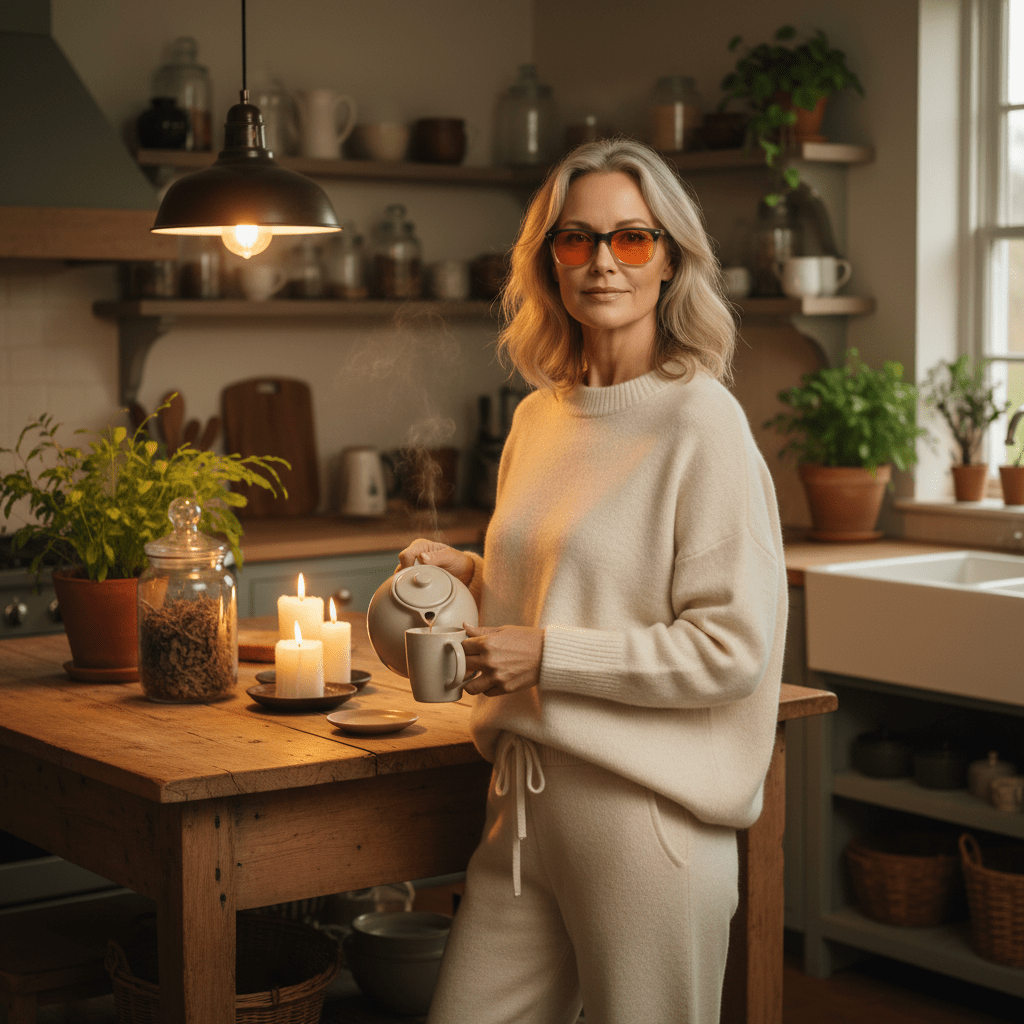 Woman pouring tea in a cozy kitchen wearing DreamWalkerz St. Croix Topaz orange-lens sleep glasses