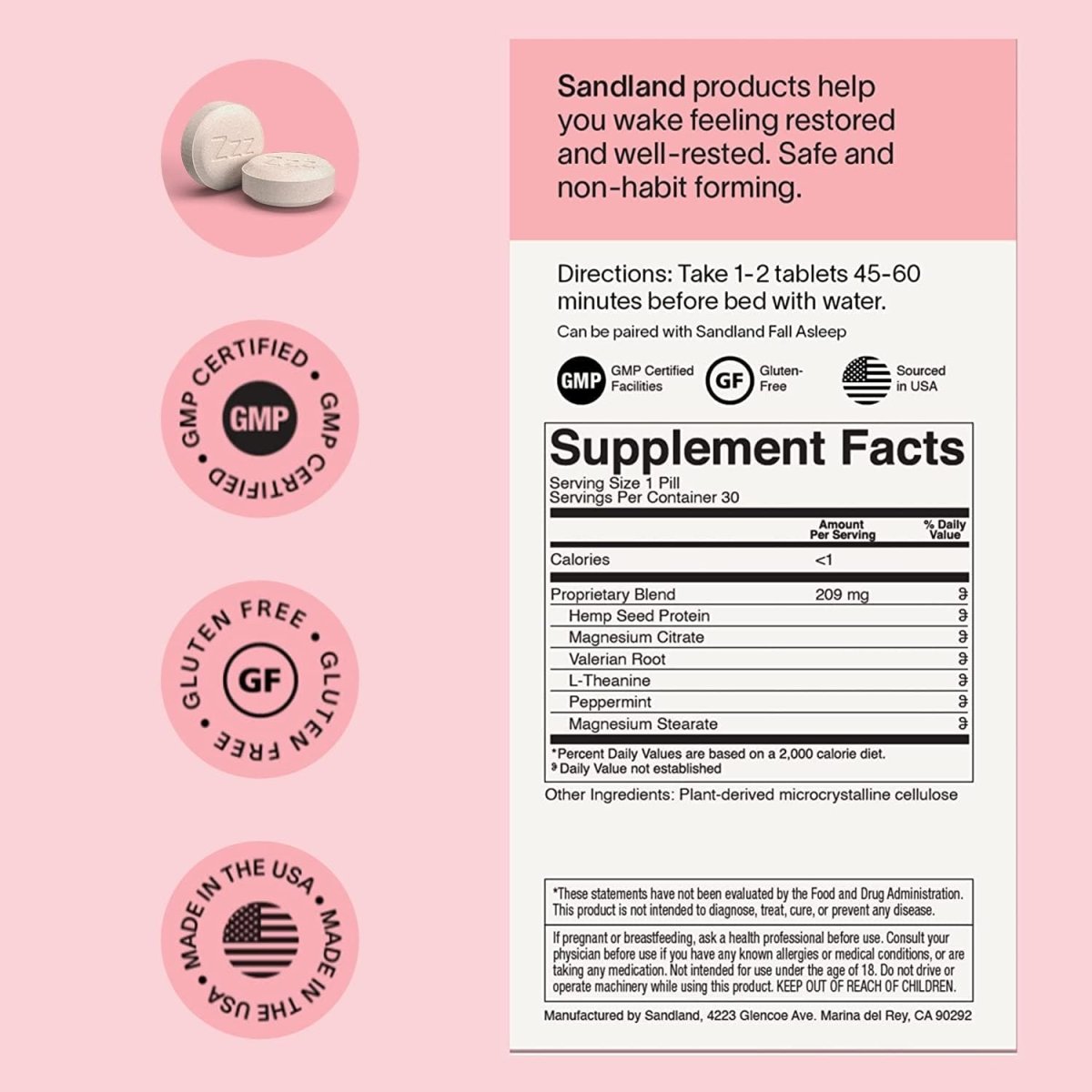 Sandland Sleep Stay Asleep supplement facts, directions, GMP certified, gluten free and made in the USA badges