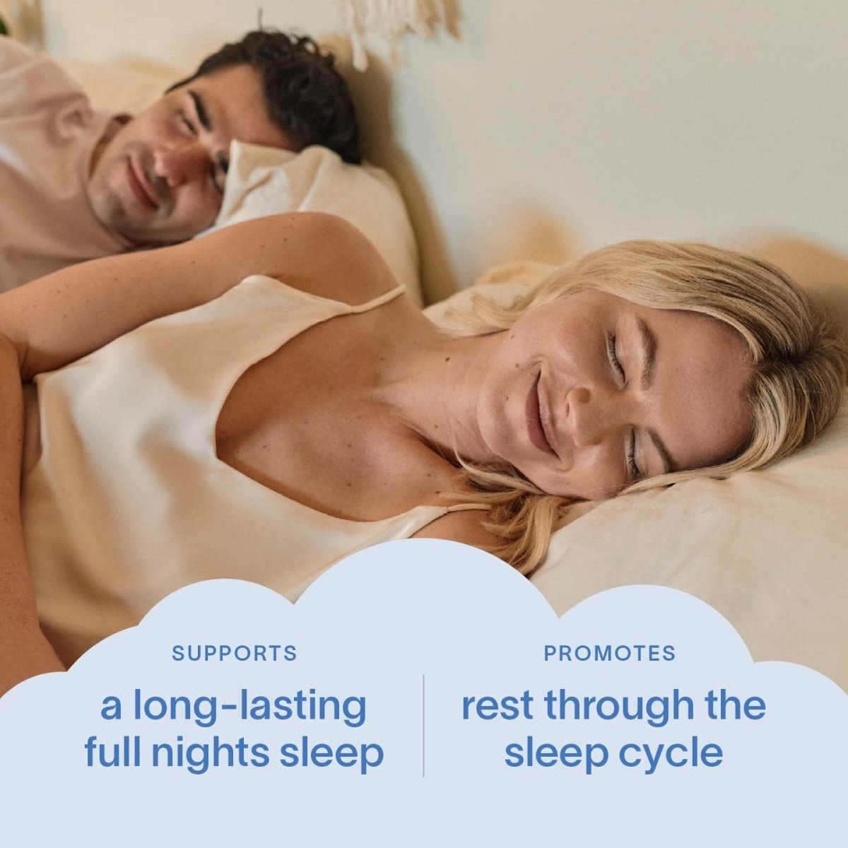 Man and woman asleep in bed: Sandland Sleep Stay Asleep supports a long-lasting full night's sleep