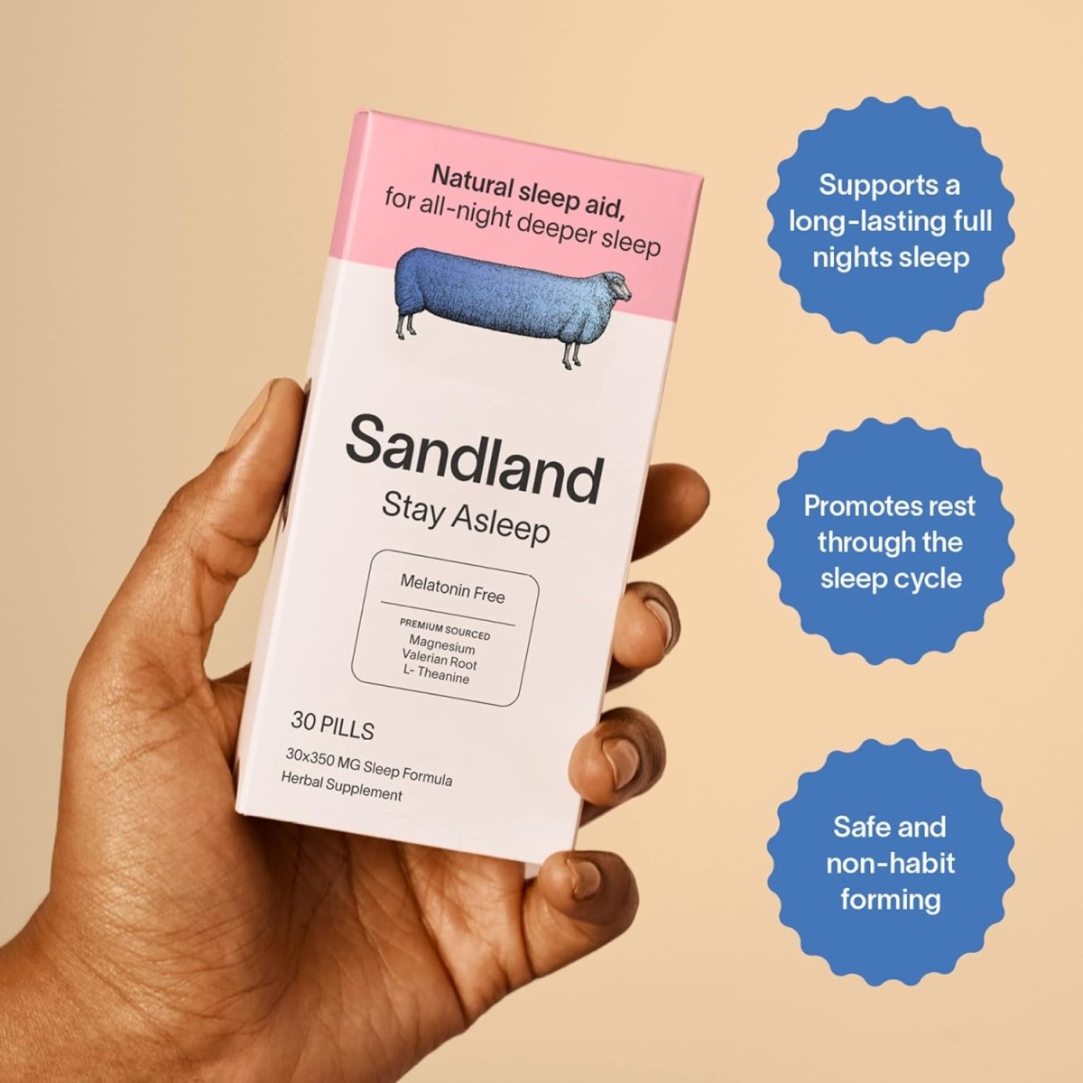 Hand holding the Sandland Sleep Stay Asleep box: supports a long-lasting full night's sleep, safe and non-habit forming