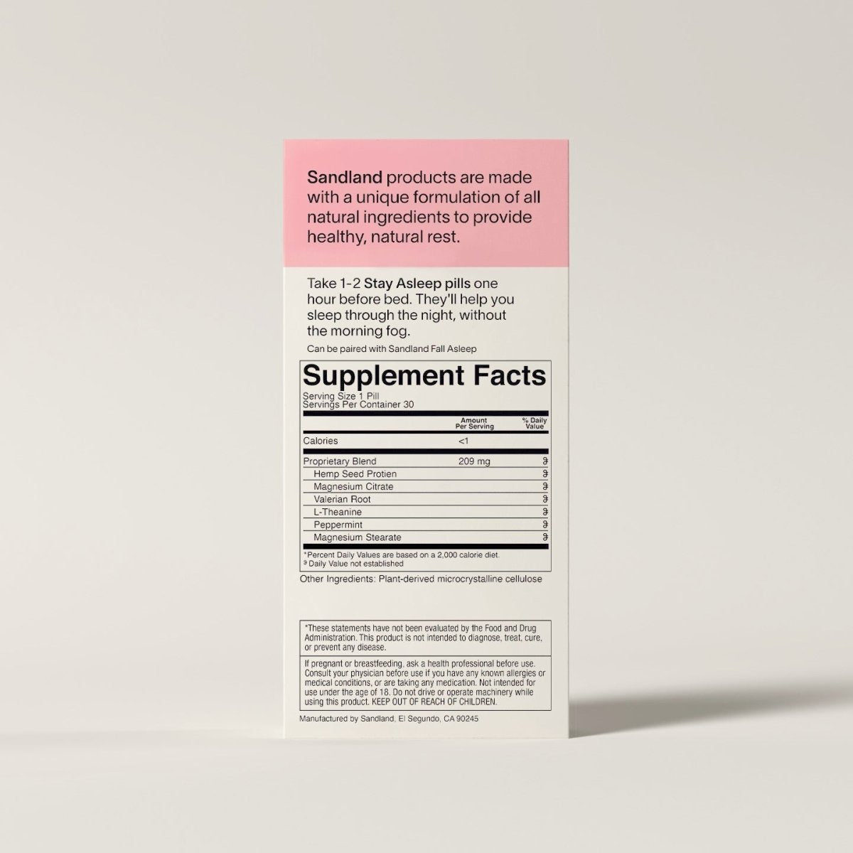 Back of the Sandland Sleep Stay Asleep box with directions and supplement facts