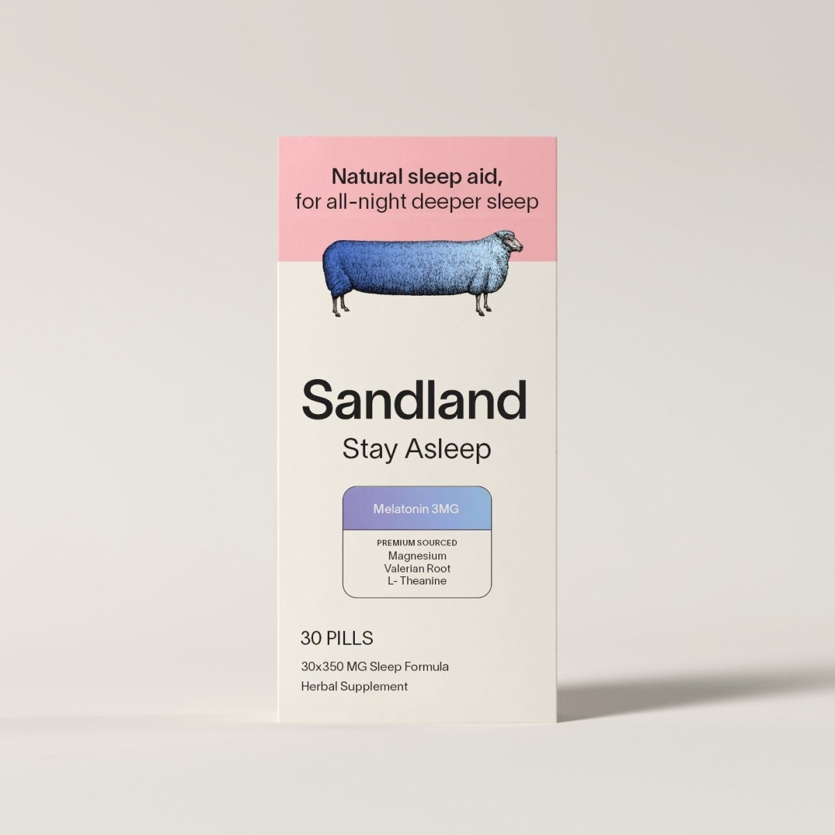 Sandland Sleep Stay Asleep with Melatonin box, a natural sleep aid for all-night deeper sleep, 30 pills