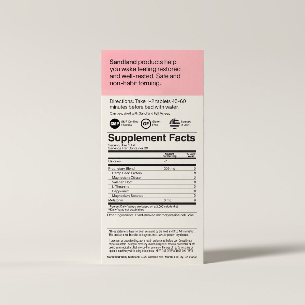 Back of the Sandland Sleep Stay Asleep with Melatonin box with directions and supplement facts