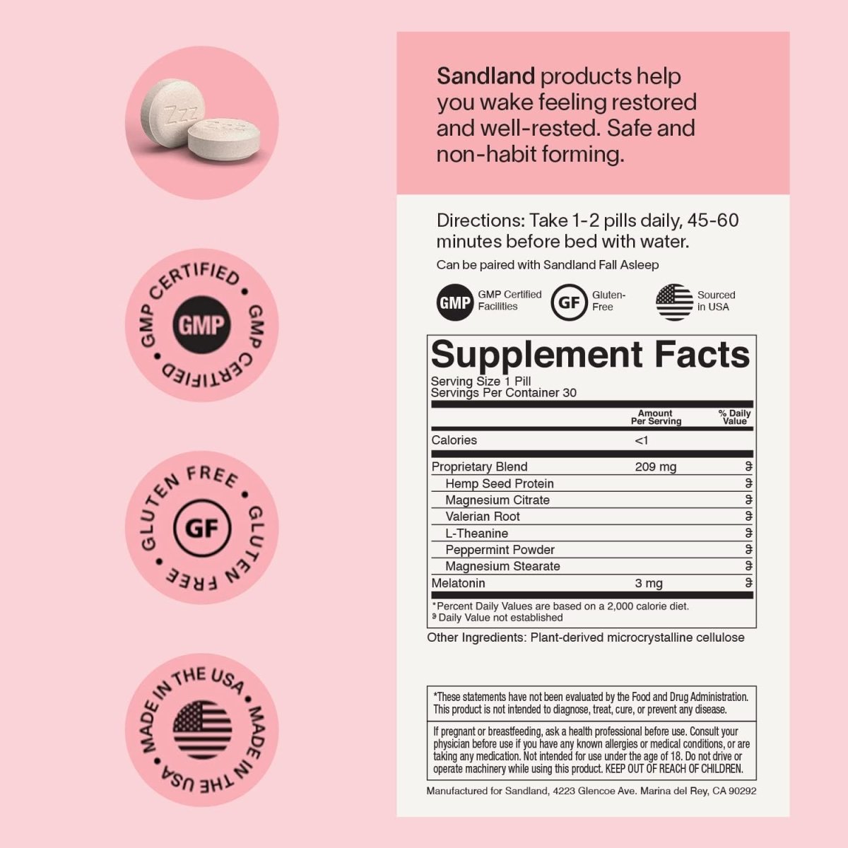 Sandland Sleep Stay Asleep with Melatonin supplement facts, directions, GMP certified, gluten free and made in the USA badges