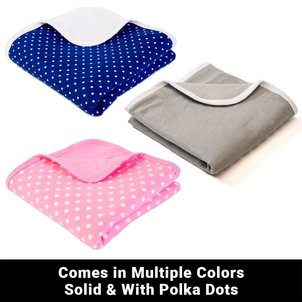 Shield Your Body Baby Blankets in blue polka dots, gray and pink polka dots