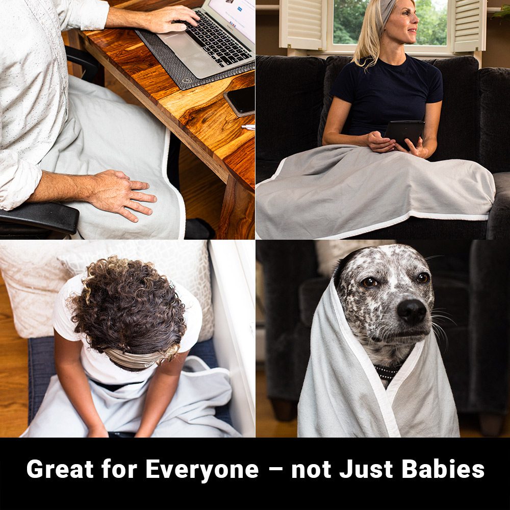 Four photos of people and a dog using the Shield Your Body Baby Blanket: great for everyone, not just babies