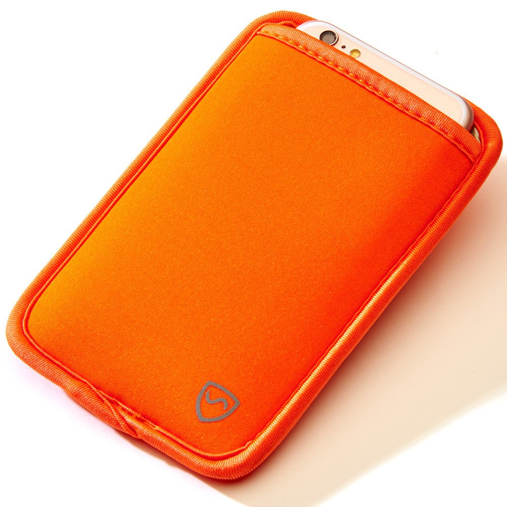 Shield Your Body Phone Pouch in orange holding a phone