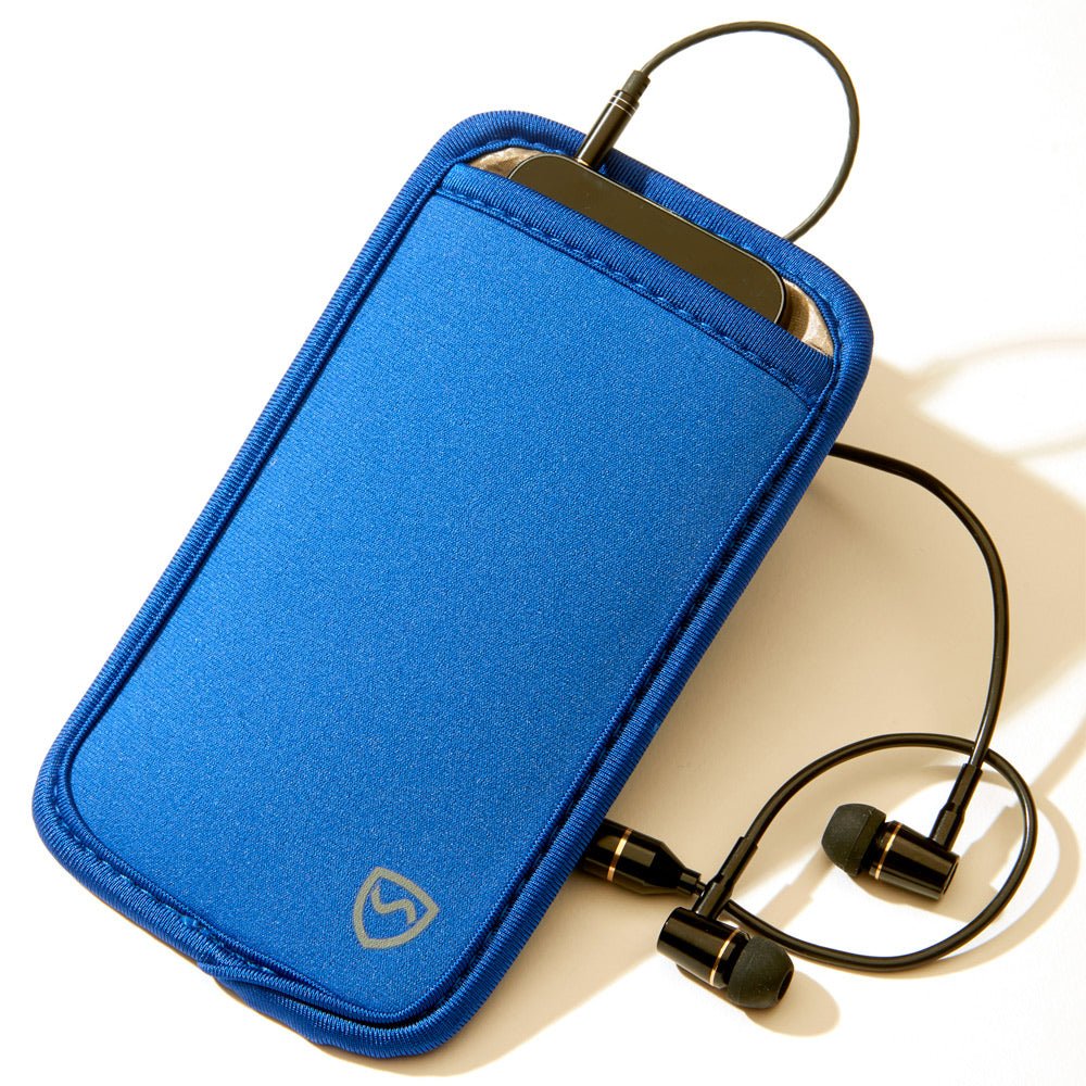 Shield Your Body Phone Pouch in blue holding a phone with earbuds