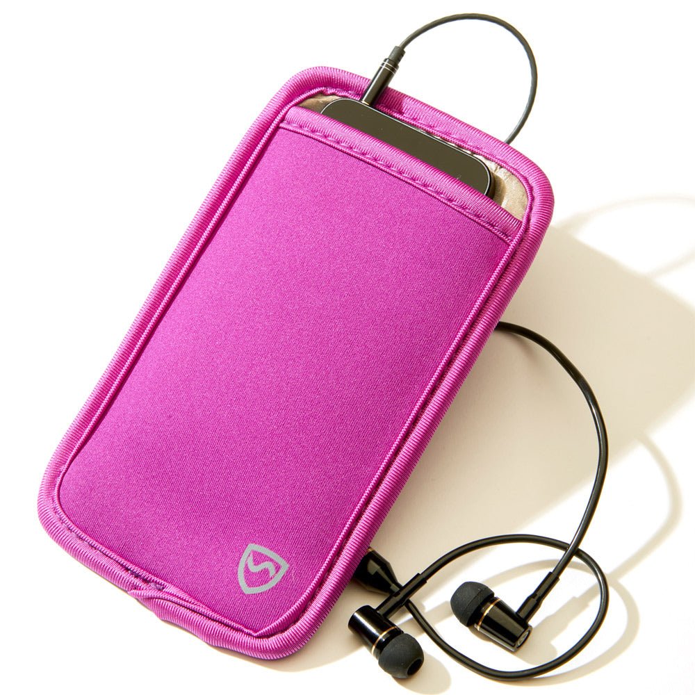 Shield Your Body Phone Pouch in pink holding a phone with earbuds