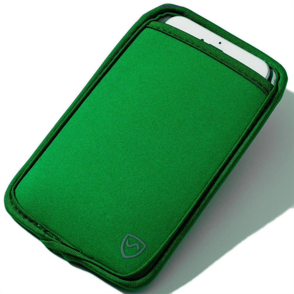 Shield Your Body Phone Pouch in green holding a phone