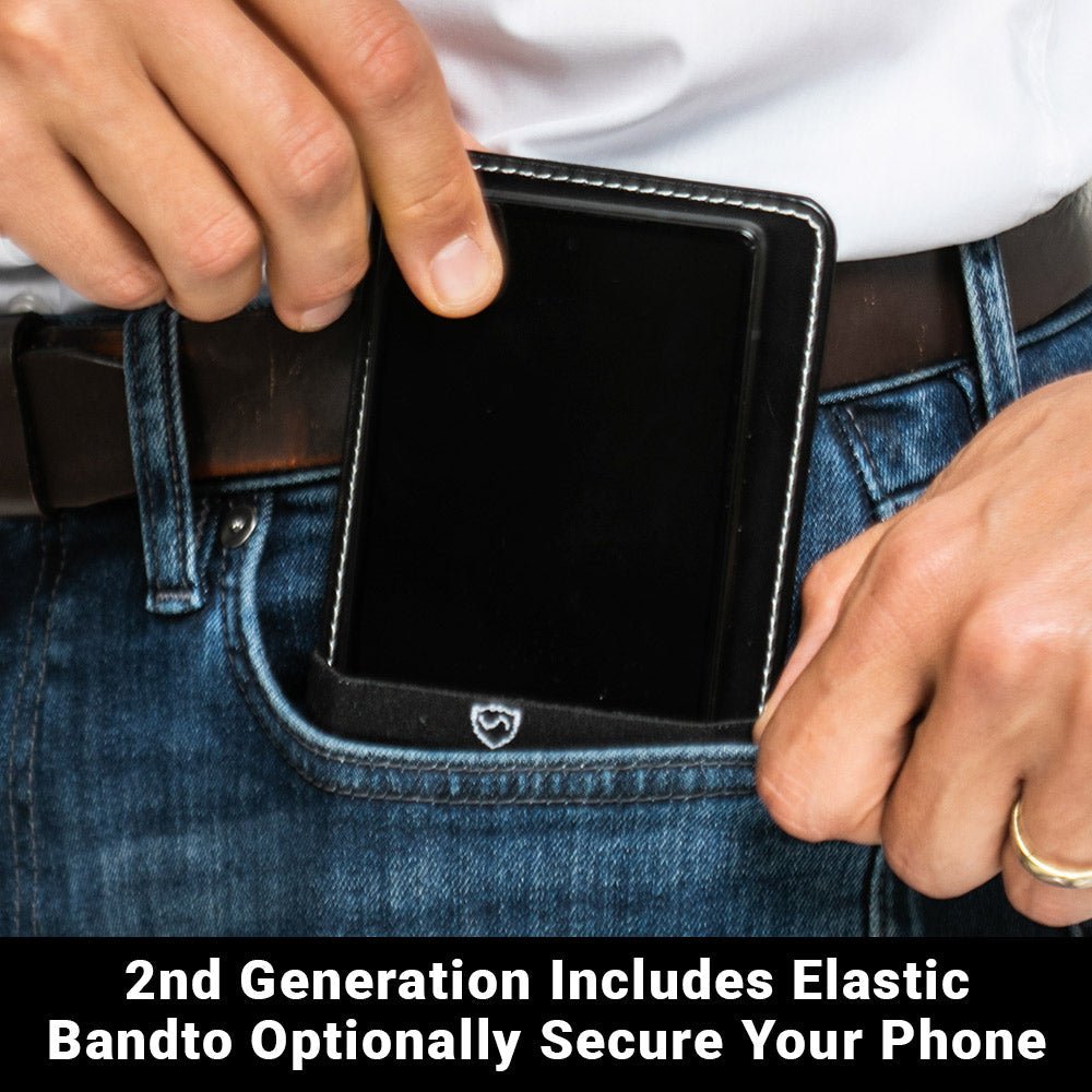 Hand sliding a phone and the Shield Your Body Phone Shield into a jeans pocket, second generation with elastic band