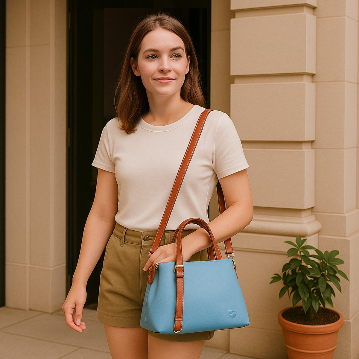 Woman in a cream t-shirt carrying the Shield Your Body blue Purse across her body