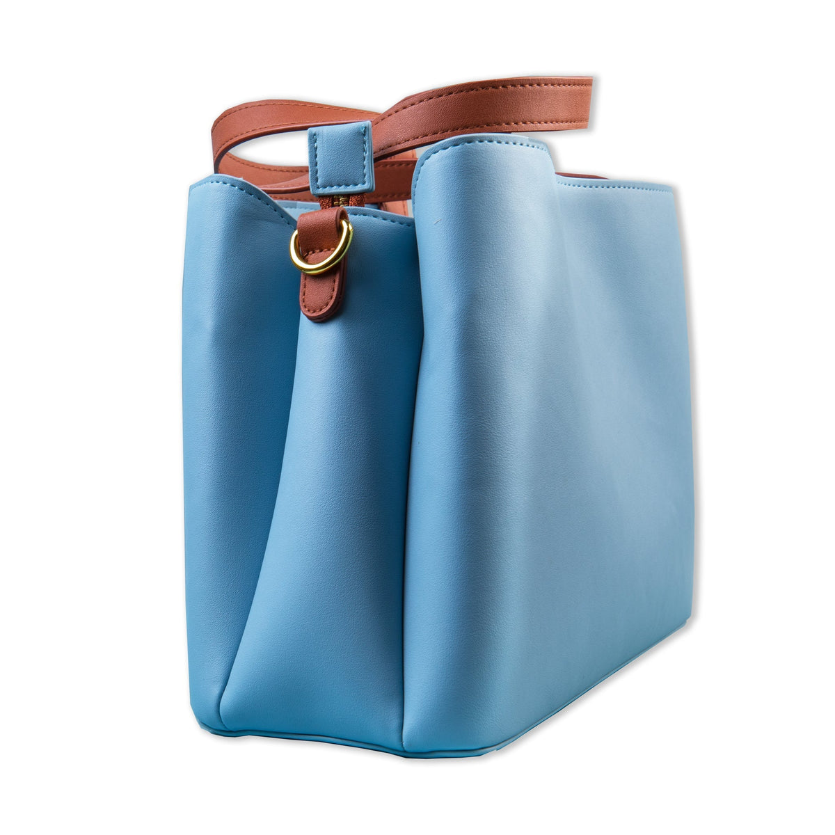 Side view of the Shield Your Body blue Purse with brown strap loops