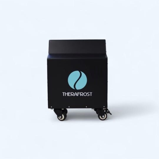 Therasage TheraFrost Flow black unit with logo on wheeled casters