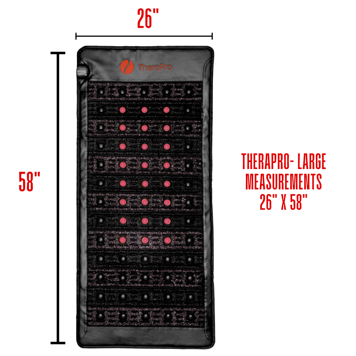 Therasage TheraPro Large measurements diagram showing 26 inches by 58 inches