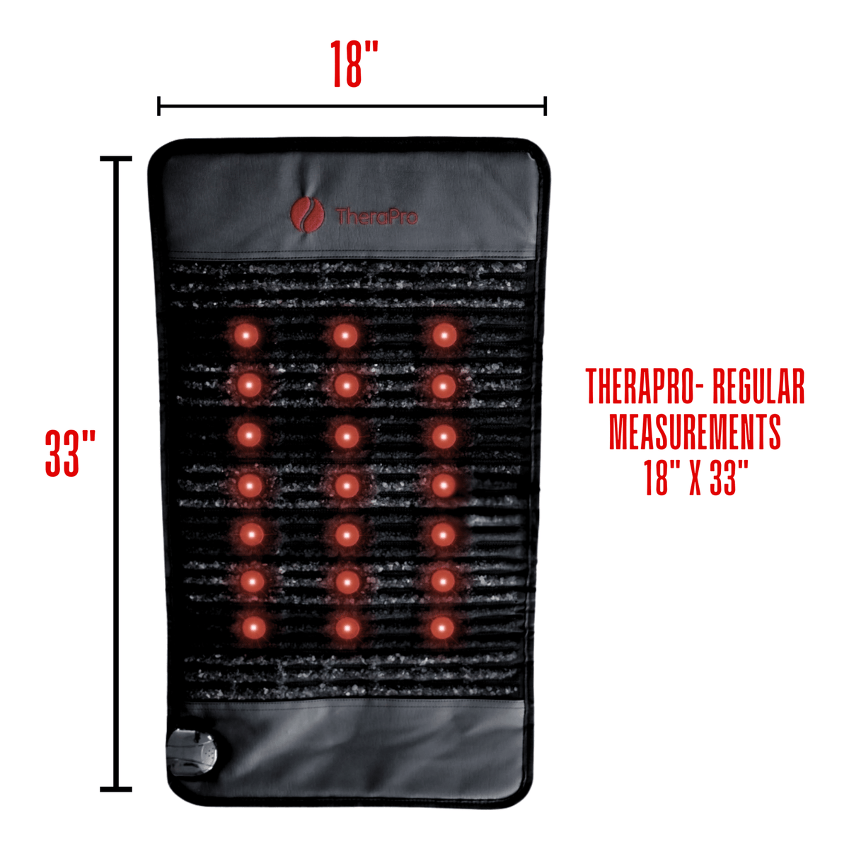 Therasage TheraPro Regular measurements diagram showing 18 inches by 33 inches