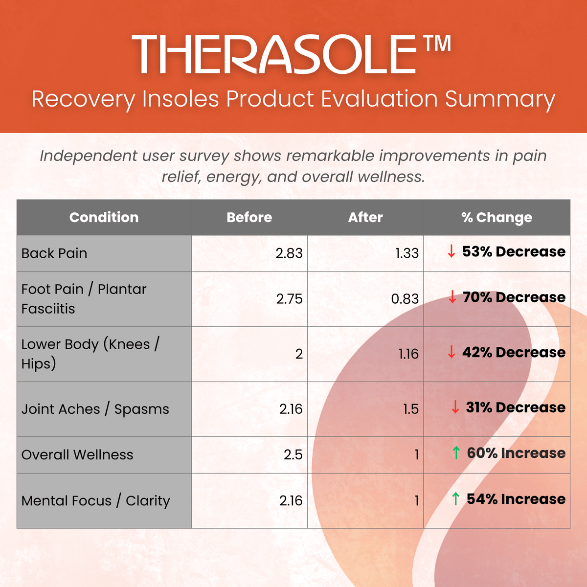 Therasage TheraSole Recovery Insoles evaluation summary table showing reported pain relief and wellness changes